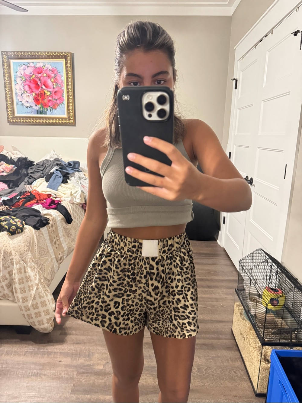 Leopard Print Elastic Waist Shorts - Neutral Tones